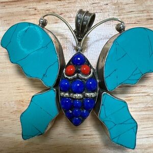 Blue and Silver Butterfly Pendant with Intricate Design, Unique, Soutwestern